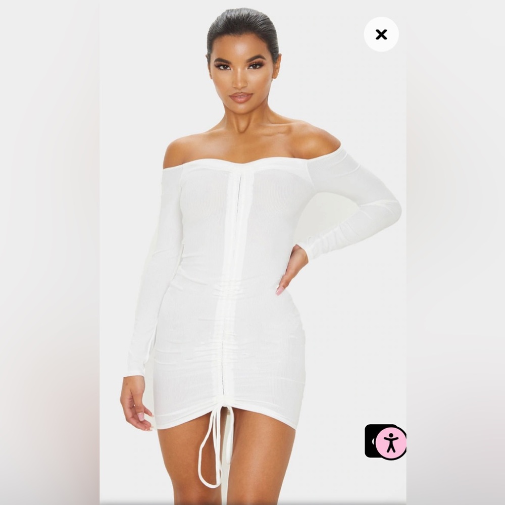 White Ribbed Long Sleeve Bardot Ruched Bodycon Dress